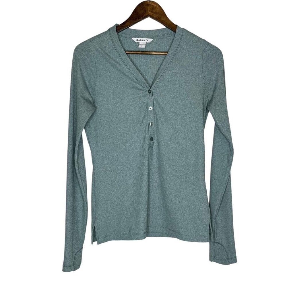 Athleta Women's V-Neck Uptempo Ribbed Henley Top Stretch Long Sleeve Size Small